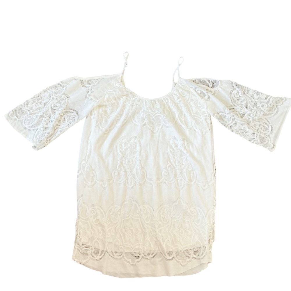 NWT Design Recipe Ivory Crochet Lined Cold Shoulder Top Tunic Dress Size S